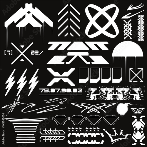 cyberpunk y2k 2000s gaming futuristic icon pattern  set collection template hud for branding fashion t-shirt decoration decals, 2d illustration rendering vector 