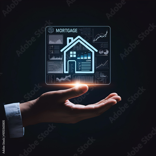 Wallpaper Mural Real estate business investment, house on holographic screen with graphs over opened hand, financial management and planning, income growth, mortgage loan, buying house. Torontodigital.ca