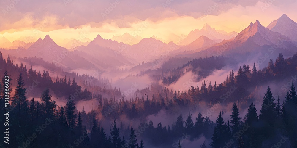 Obraz premium A painting of a mountain range at sunset, with a forest in the foreground. The sky is a soft pink and orange, and the mountains are a deep purple. The forest is silhouetted against the sky.