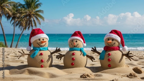 Festive Sand Snowmen on Tropical Beach with Santa Hats photo