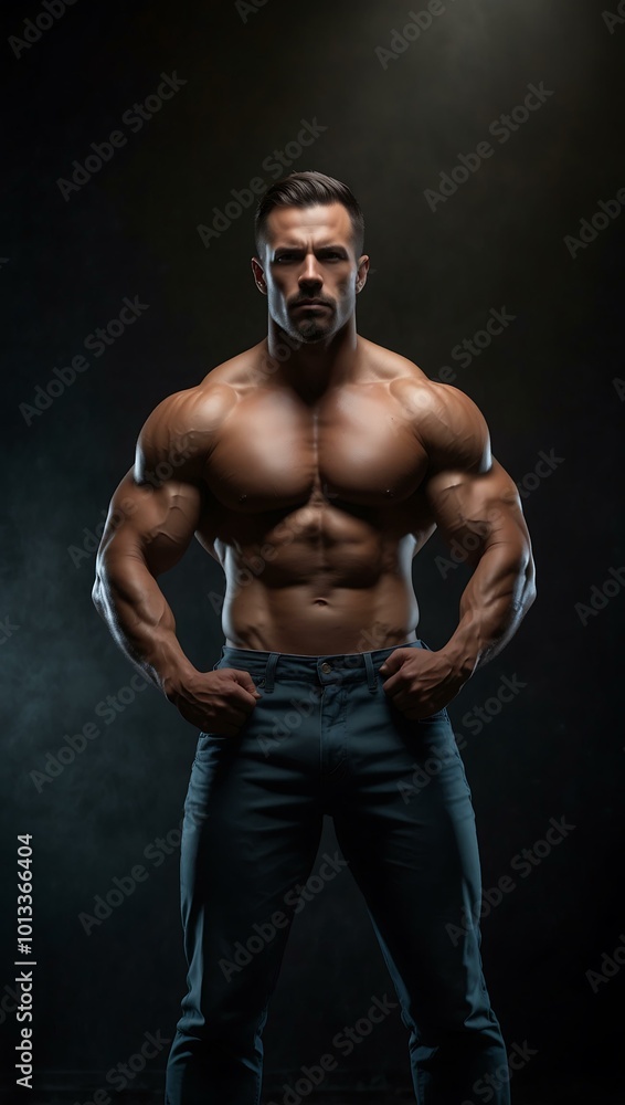 A muscular man stands with arms outstretched, highlighting his strength in dramatic lighting. A muscular man stands with arms outstretched, highlighting his strength in dramatic lighting.