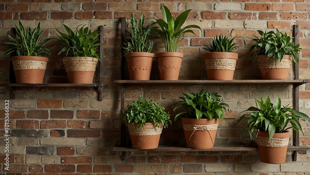 A rustic brick wall adorned with houseplants in woven baskets, pots, and planters. A rustic brick wall adorned with houseplants in woven baskets, pots, and planters.