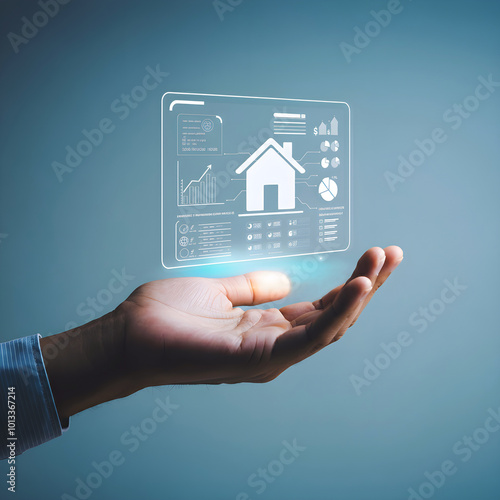 Wallpaper Mural Real estate business investment, house on holographic screen with graphs over opened hand, financial management and planning, income growth, mortgage loan, buying house. Torontodigital.ca