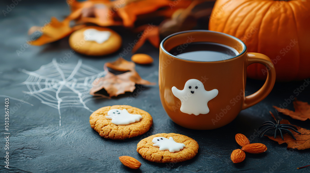 Coffee in an orange cup with cookies and pumpkin on a dark background. Stylish autumn coffee and Halloween concept Coffee in an orange cup with cookies and pumpkin on a dark background. Stylish autumn coffee and Halloween concept