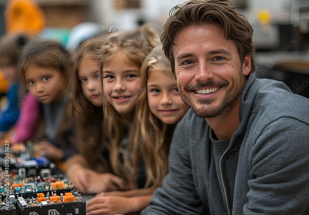Fototapeta premium A young man smiling with several children behind him.