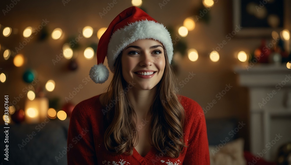 A smiling woman in a Santa hat is surrounded by festive decorations and glowing lights, celebrating the holidays. A smiling woman in a Santa hat is surrounded by festive decorations and glowing lights, celebrating the holidays.