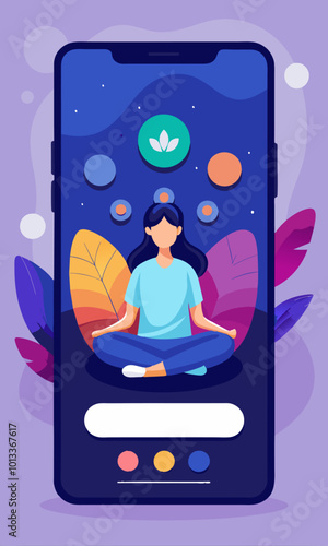 A woman is depicted sitting crosslegged on a cell phone screen