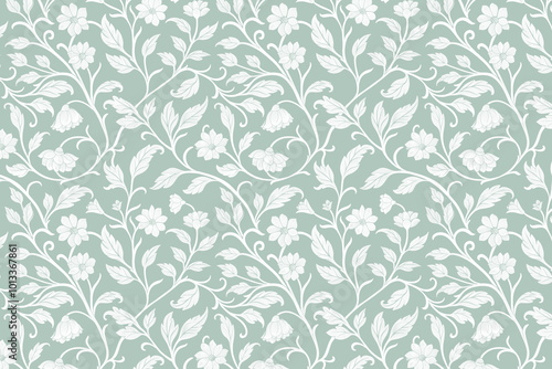 Wallpaper Mural Toile floral pattern tapestry. Arts and Crafts. Vintage monochrome  botanical wallpaper pattern. Background image. Created with Generative AI technology Torontodigital.ca