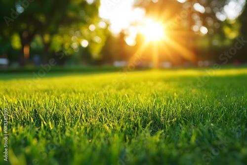 Close-up of golden hour light on fresh green grass