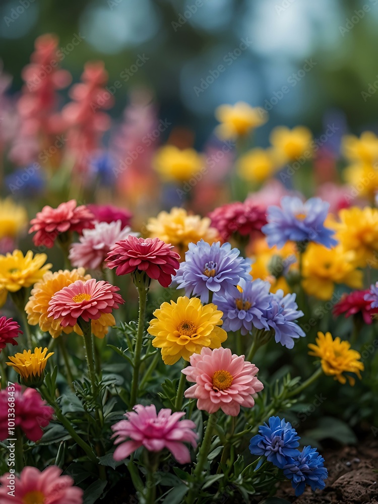 A vibrant collection of yellow, pink, and blue flowers with a blurred backdrop. A vibrant collection of yellow, pink, and blue flowers with a blurred backdrop.