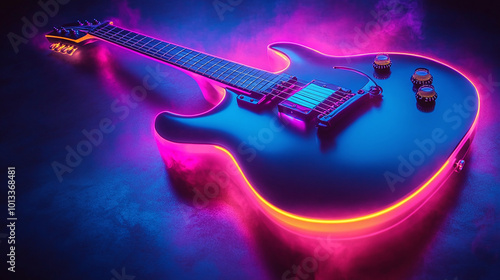 A guitar with neon glow effect on a dark background representing the concept like rock and night club party, musical banner concept with copy space for text, logo, ad photo