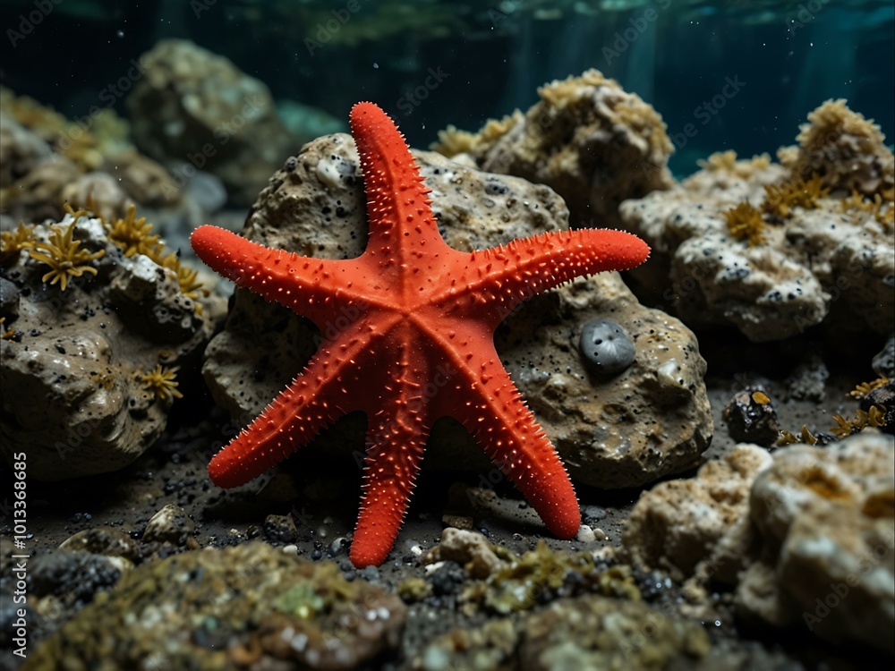 A vibrant red starfish resting on rocky terrain in an underwater display. A vibrant red starfish resting on rocky terrain in an underwater display.