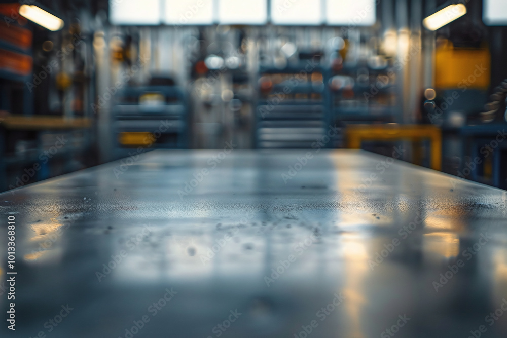 Metal blank tabletop in auto ware house. Garage blurred background with copy space Metal blank tabletop in auto ware house. Garage blurred background with copy space