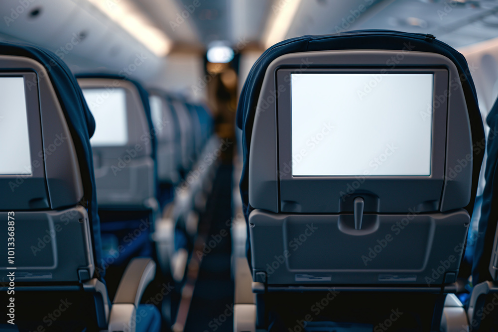 Closeup Blank Screen LCD rear seat on the plane technology for entertainment. Airplane seats with blank, screen mockup device for entertainment to serve passenger on a plane trip
Closeup Blank Screen LCD rear seat on the plane technology for entertainment. Airplane seats with blank, screen mockup device for entertainment to serve passenger on a plane trip