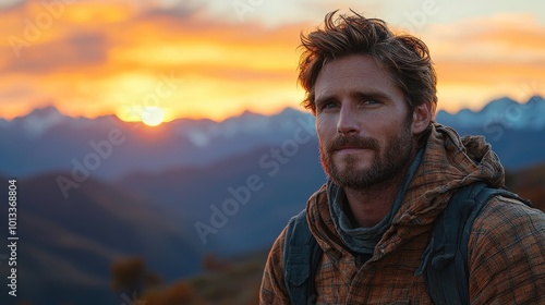 A contemplative man gazes at a sunset over mountain landscapes, embodying adventure and tranquility.