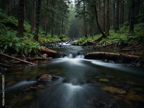 A wild forest stream flows through a pine forest, captured in a static shot.
