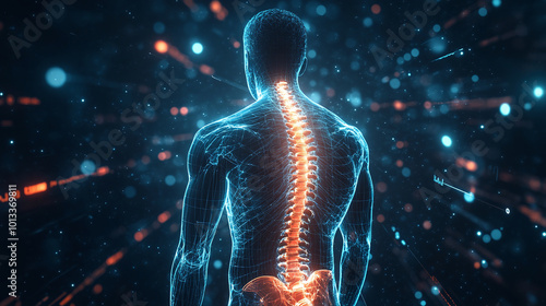 Futuristic biomedical concept of a holographic scanning a patient's backbone for spinal disc herniation diagnosis 3d illustration, 3d rendering with copy space