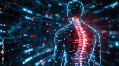 Futuristic biomedical concept of a holographic scanning a patient's backbone for spinal disc herniation diagnosis 3d illustration, 3d rendering with copy space photo