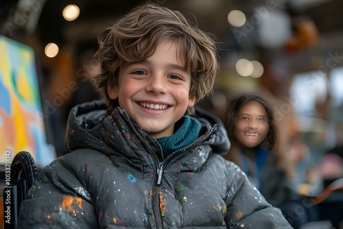  A young boy wearing a coat smiles brightly at the camera, exuding joy and warmth.