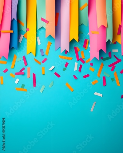 Colorful party decorations with confetti on a blue background