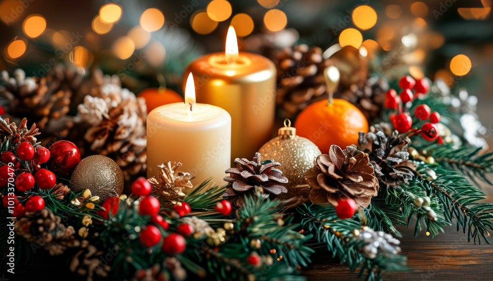 Rustic Christmas Candles with Pinecones and Ornaments. Cozy Christmas Table Decoration with Candles and Ornaments Rustic Christmas Candles with Pinecones and Ornaments. Cozy Christmas Table Decoration with Candles and Ornaments
