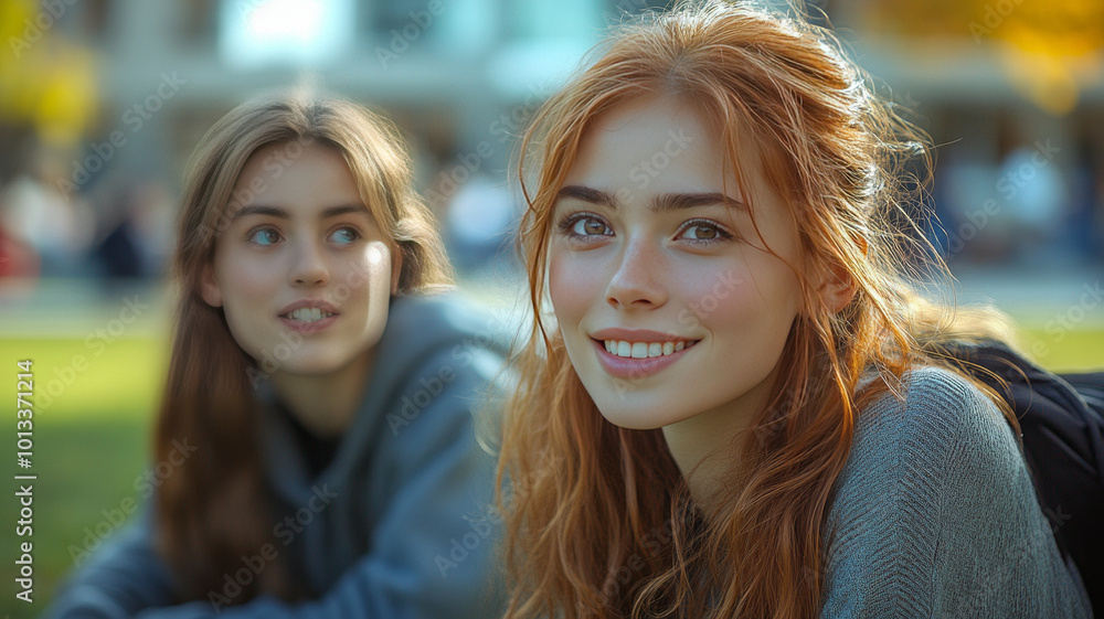 two 18-year-old girls, one redhead and one brunette, are lying on the lawn of their university two 18-year-old girls, one redhead and one brunette, are lying on the lawn of their university