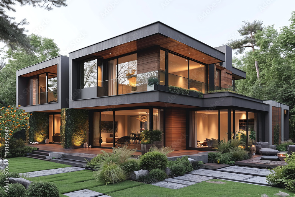Exterior of modern minimalist cubic villa with swimming pool at sunset. Luxury and modern seaside house on sea shore. Exterior of modern minimalist cubic villa with swimming pool at sunset. Luxury and modern seaside house on sea shore.