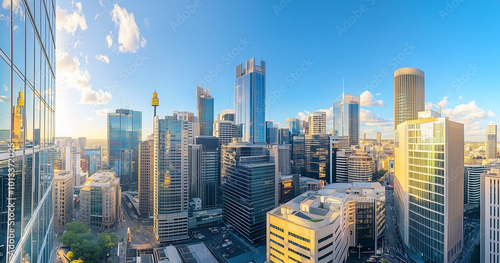 Obraz premium Aerial View of City Skyline and Skyscrapers Under Blue Sky and White Clouds