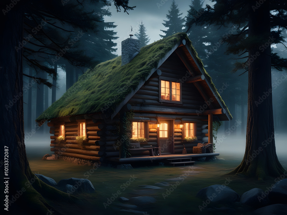 a log cabin with a green roof and a log cabin in the woods. a log cabin with a green roof and a log cabin in the woods.
