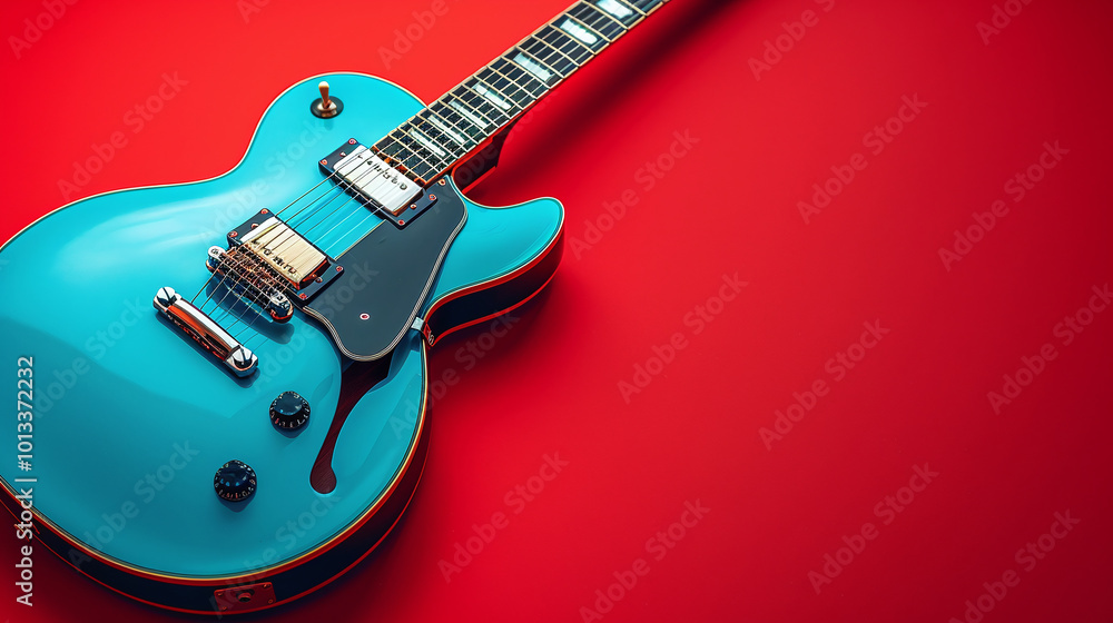 Obraz premium Vintage electric guitar on red background, copy space for text or logo. Banner concept, close up, top view