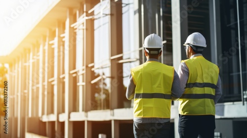 Two engineers in yellow helmets stand confidently at a construction site, embodying teamwork and dedication amid a rising structure.