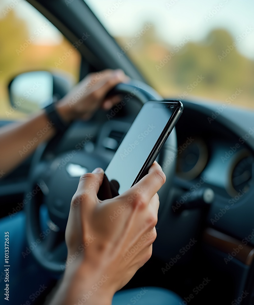 Closeup of driver hand using mobile phone while driving car Closeup of driver hand using mobile phone while driving car