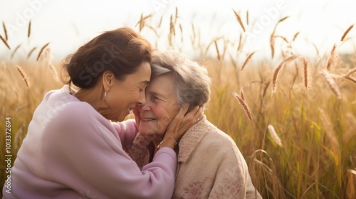 A heartwarming scene of a loving embrace in a sunlit field, radiating warmth and deep emotional connection between generations. photo