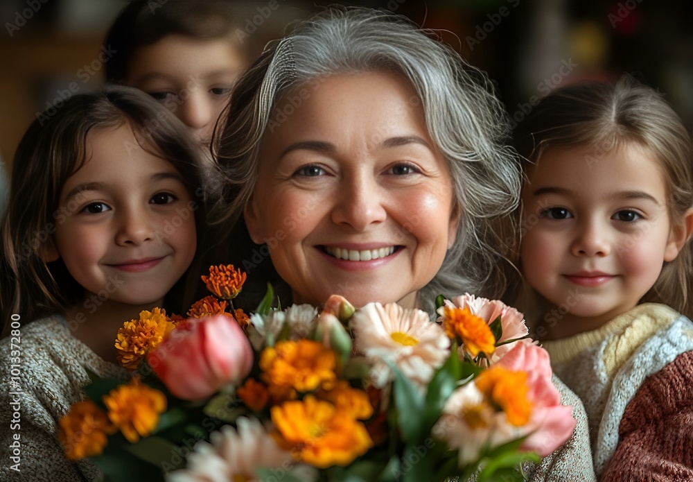 An older woman stands with her children, all smiling and holding colorful flowers in a joyful outdoor setting.
An older woman stands with her children, all smiling and holding colorful flowers in a joyful outdoor setting.