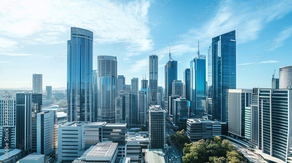 Fototapeta premium Aerial View of City Skyline and Skyscrapers Under Blue Sky and White Clouds