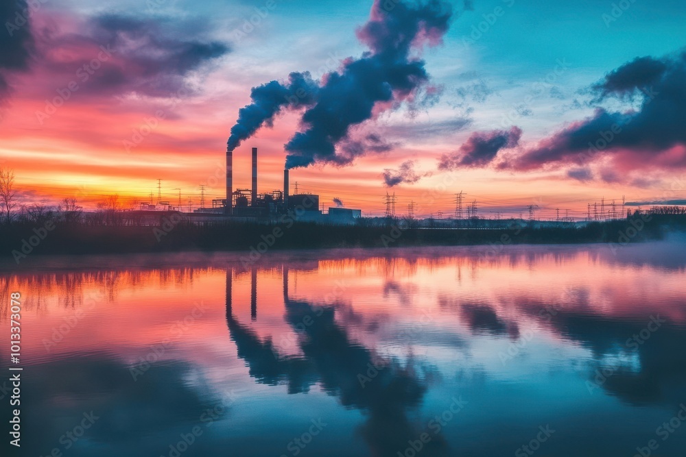 Industrial chimney emitting fumes next to a serene stream at dusk, featuring a colorful horizon and glittering reflections upon the water's surface Industrial chimney emitting fumes next to a serene stream at dusk, featuring a colorful horizon and glittering reflections upon the water's surface