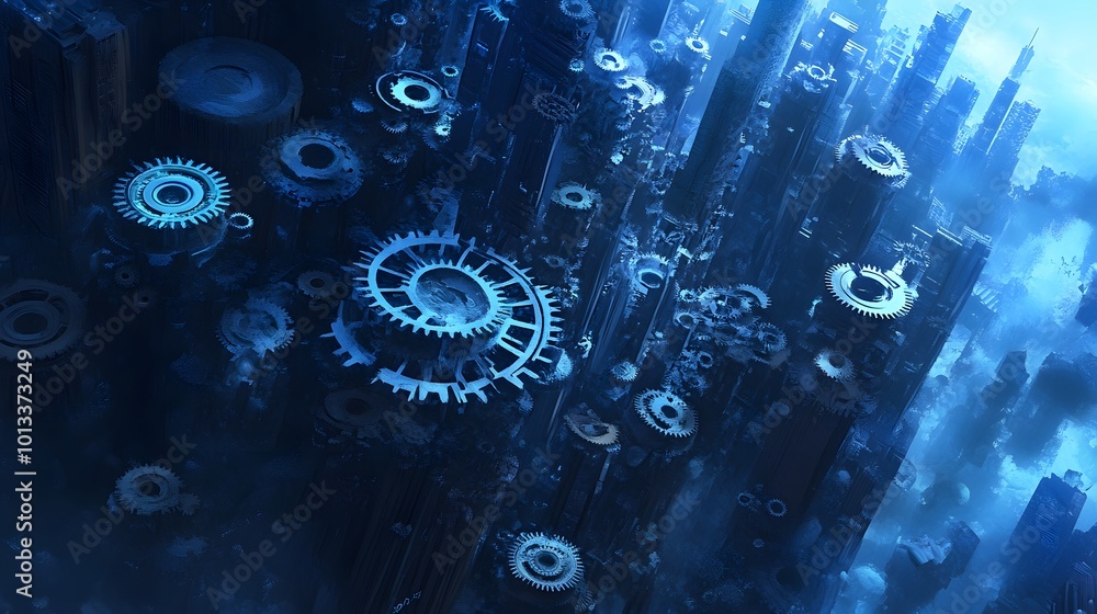 Futuristic mechanical gears and cogs in a dark blue environment Futuristic mechanical gears and cogs in a dark blue environment