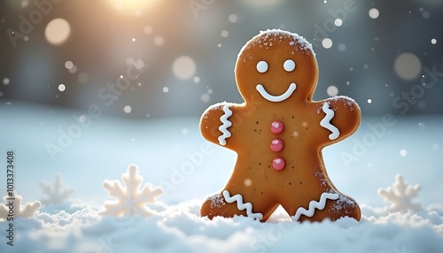 Gingerbread man standing on snowy floor with snowflakes on sunlight background