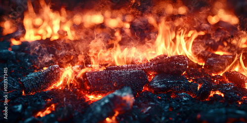 A pile of burning wood and ash, with the fire still burning brightly photo