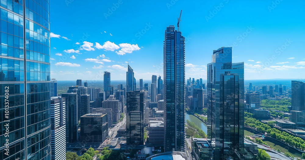Obraz premium Aerial View of City Skyline and Skyscrapers Under Blue Sky and White Clouds
