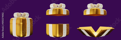 3d realistic closed, open and unwrapped golden gift box with white ribbon. Cartoon birthday, holiday or celebration present. Vector illustration.