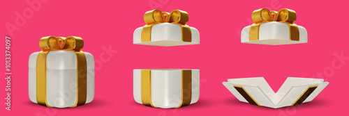 3d realistic closed, open and unwrapped white gift box with gold ribbon. Cartoon birthday, holiday or celebration present. Vector illustration.