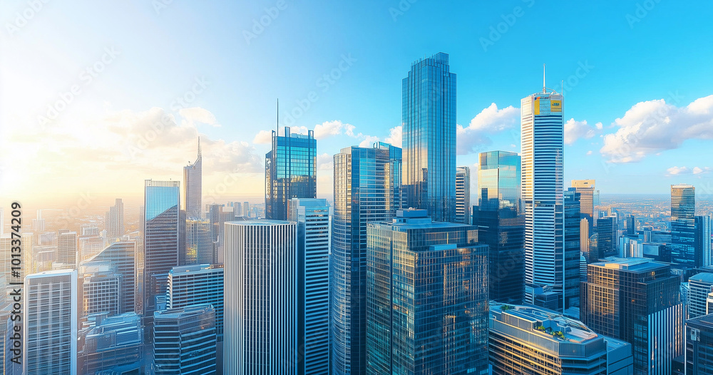 Obraz premium Aerial View of City Skyline and Skyscrapers Under Blue Sky and White Clouds