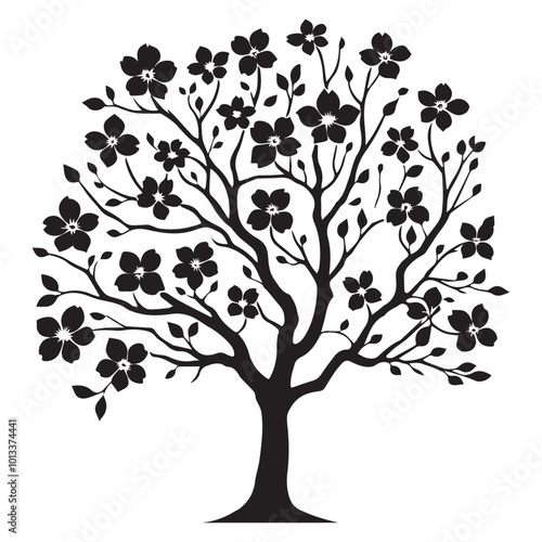 
Flowering dogwood Tree Vector illustration in black and white - Flowering dogwood Plant Silhouette Design
