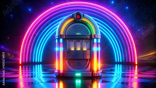 A neon-lit jukebox playing digital holographic music records, with sound waves glowing in the air.