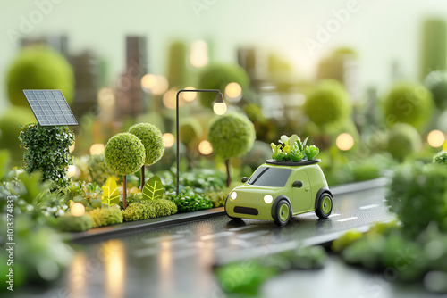 Electric car cruising through a green energypowered city, skyscrapers lined with solar panels and vertical gardens photo