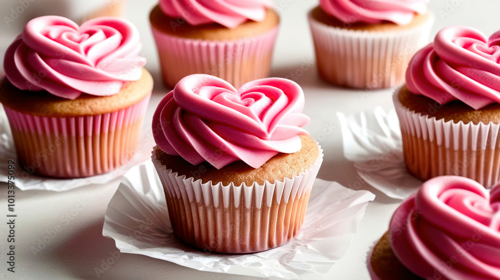 A row of pink cupcakes with heart-shaped frosting A row of pink cupcakes with heart-shaped frosting