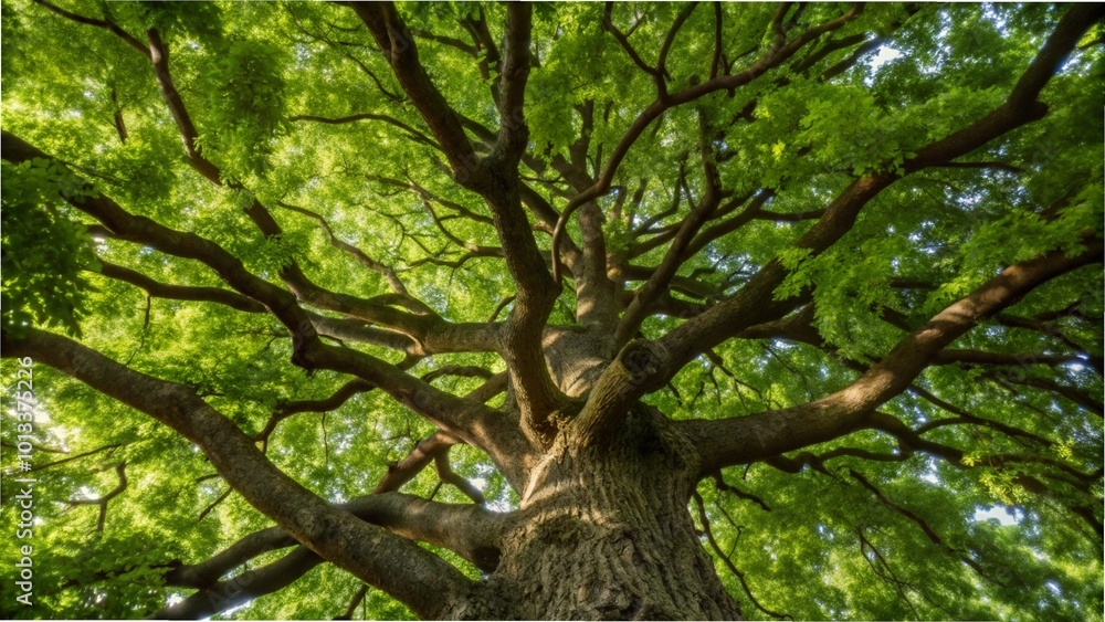 A large, old tree with thick branches and vibrant green leaves against a clear blue sky,A majestic old tree with lush green leaves and sturdy branches set against a bright sky. A large, old tree with thick branches and vibrant green leaves against a clear blue sky,A majestic old tree with lush green leaves and sturdy branches set against a bright sky.