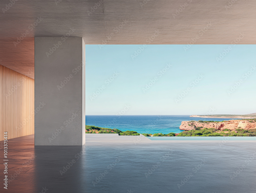 Modern interior with ocean view from floor-to-ceiling windows at a coastal location Modern interior with ocean view from floor-to-ceiling windows at a coastal location
