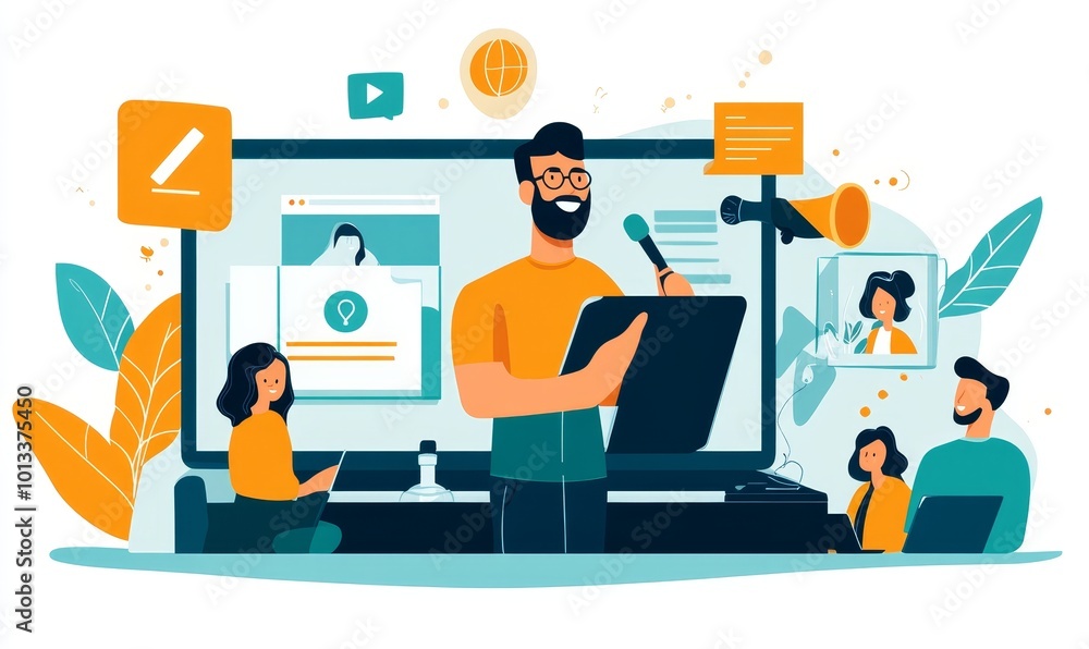 Man presenting to audience on computer screen. Man presenting to audience on computer screen.